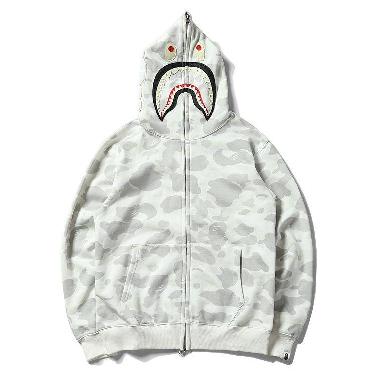 Bathing Ape Hoodie Black and White Luminous Shark Coat Looped Fabric Hooded Shark Sweater Shark Embroidered Hoodie