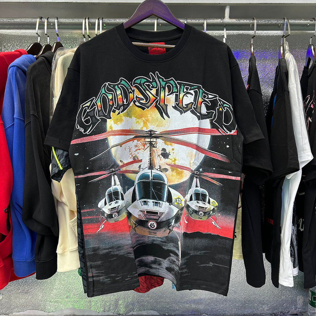 Godspeed T-shirts Helicopter Printing Cotton Casual Short Sleeves Men and Women