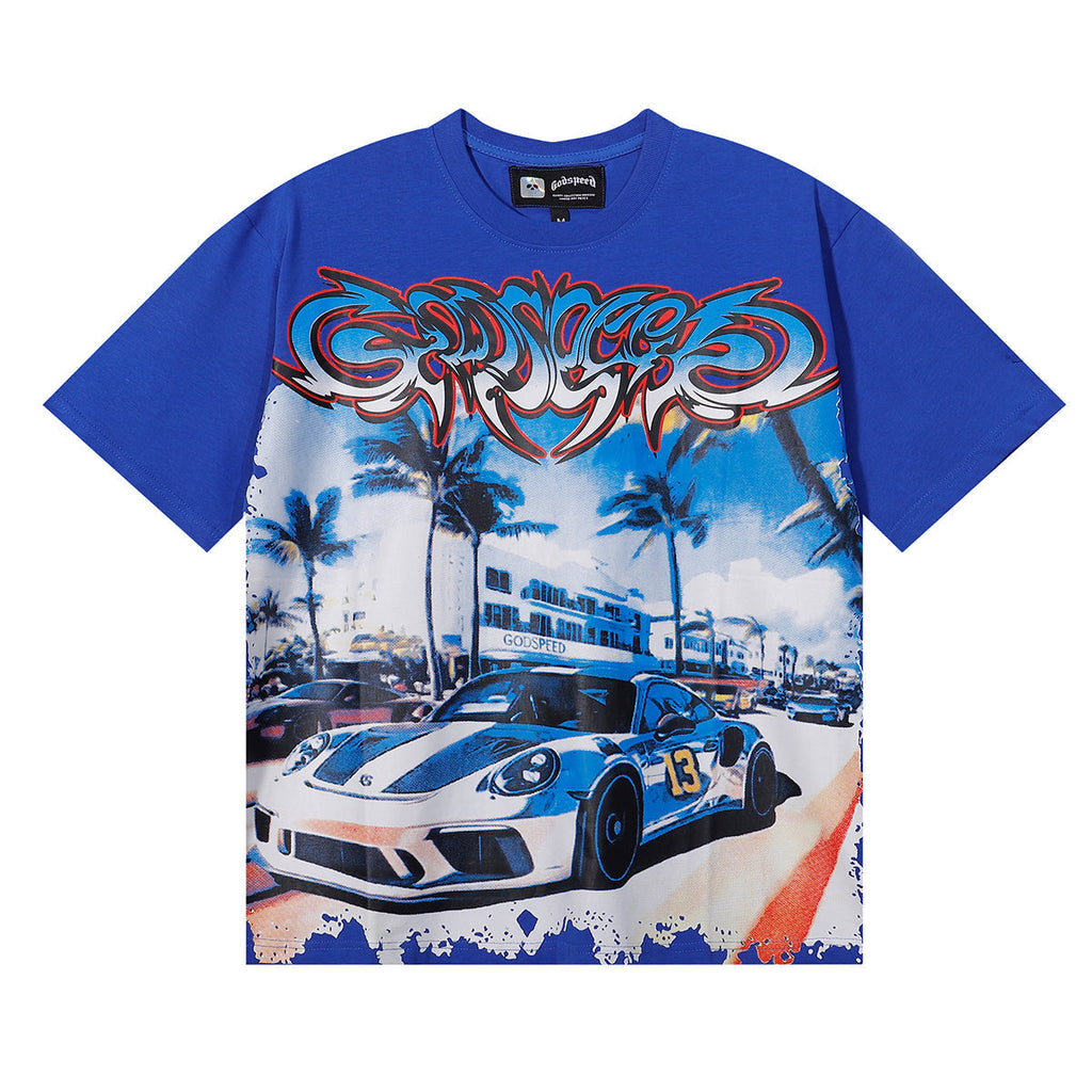Godspeed T-shirts Supercar Beach Road Print Cotton Casual Short Sleeves Men and Women