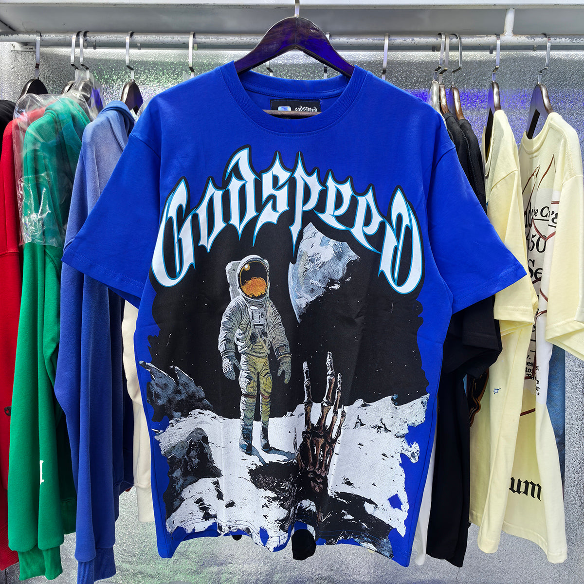 Godspeed T-shirts Astronaut Moon Landing Print Cotton Casual Short Sleeve Men and Women