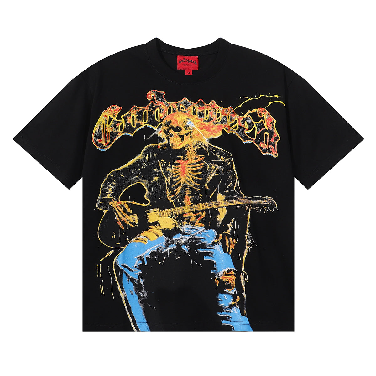 Godspeed T-shirts Guitar Skull Denim Print Casual Crew Neck Short Sleeve Men and Women