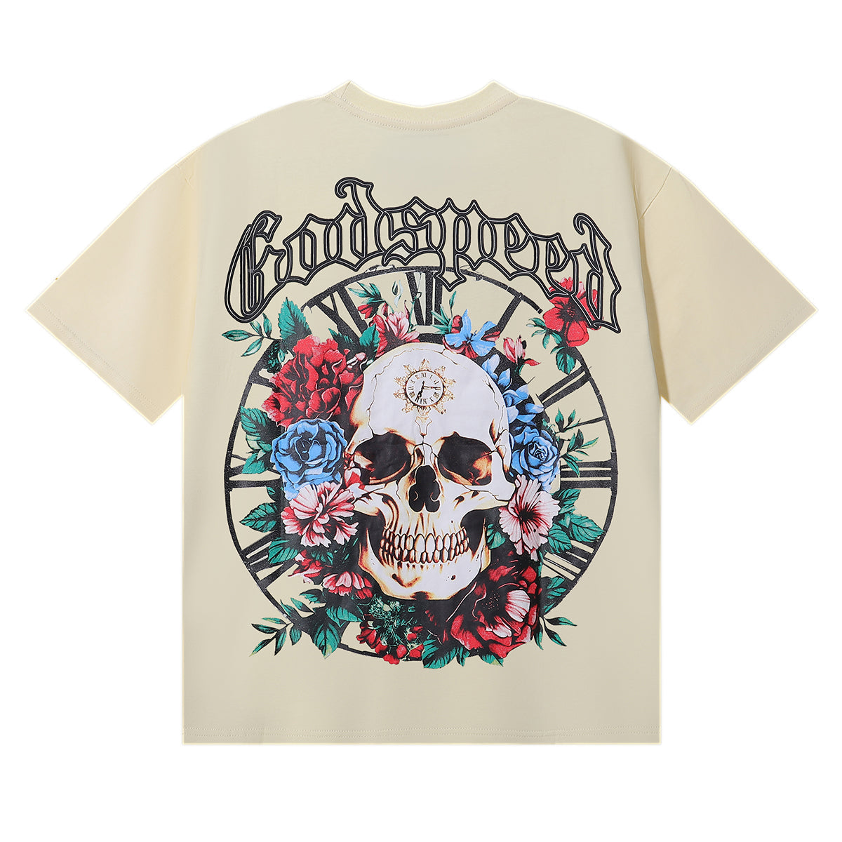 Godspeed T-shirts Skull Rose Clock Plate Double Yarn Cotton Casual Short Sleeve Men and Women