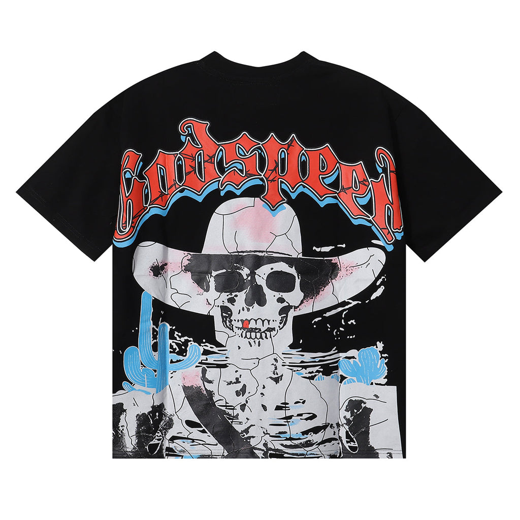 Godspeed T-shirts Great Western Skull Denim Cactus Print Cotton Casual Short Sleeve Men and Women