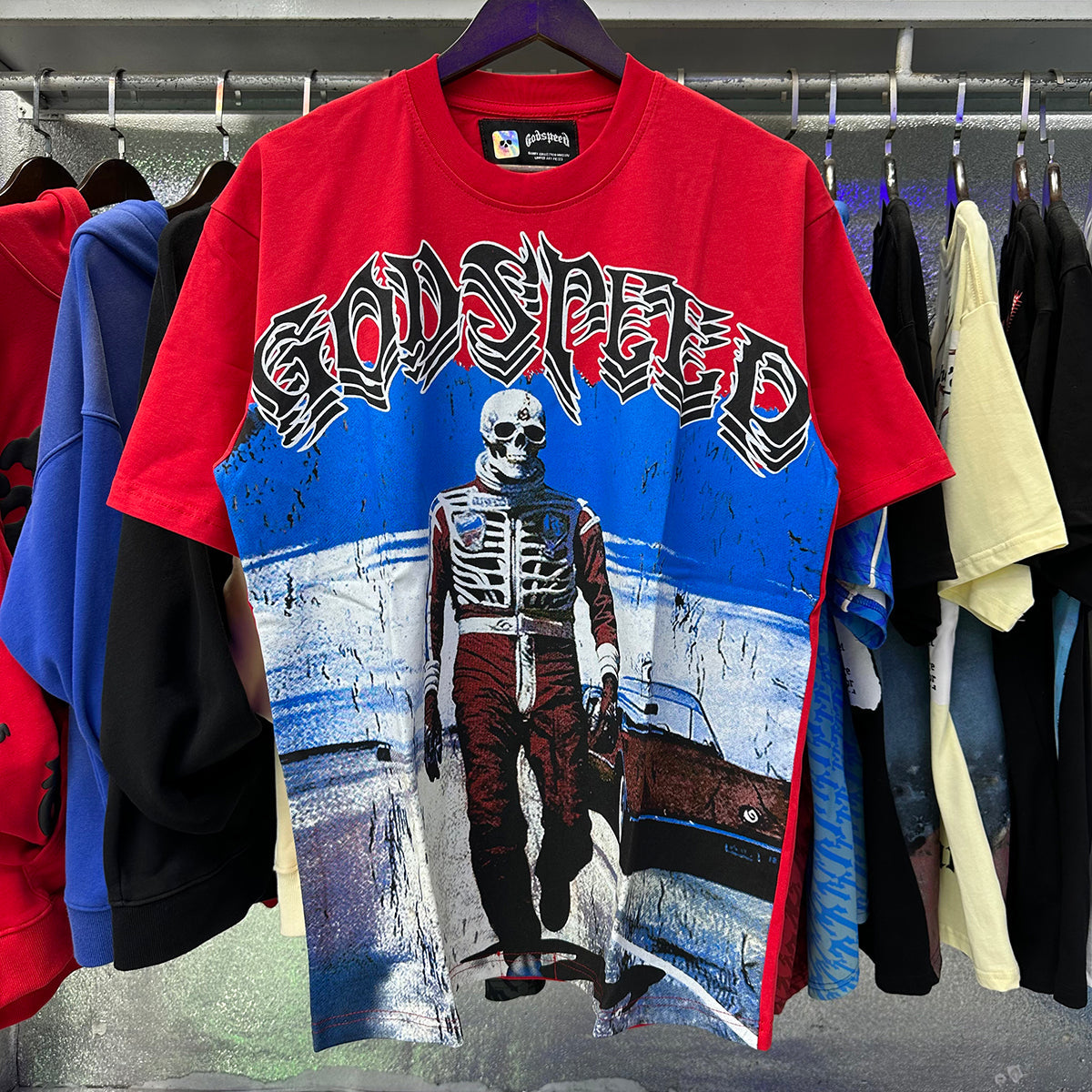 Godspeed T-shirts Sports Car Skull Racer Printed Cotton Casual Short Sleeve Men and Women