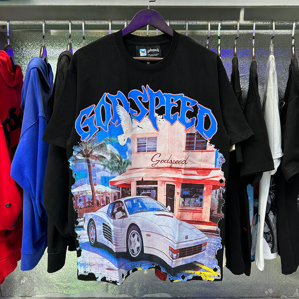 Godspeed T-shirts Convenience Store White Car Printing Cotton Casual Short Sleeve Men's and Women's