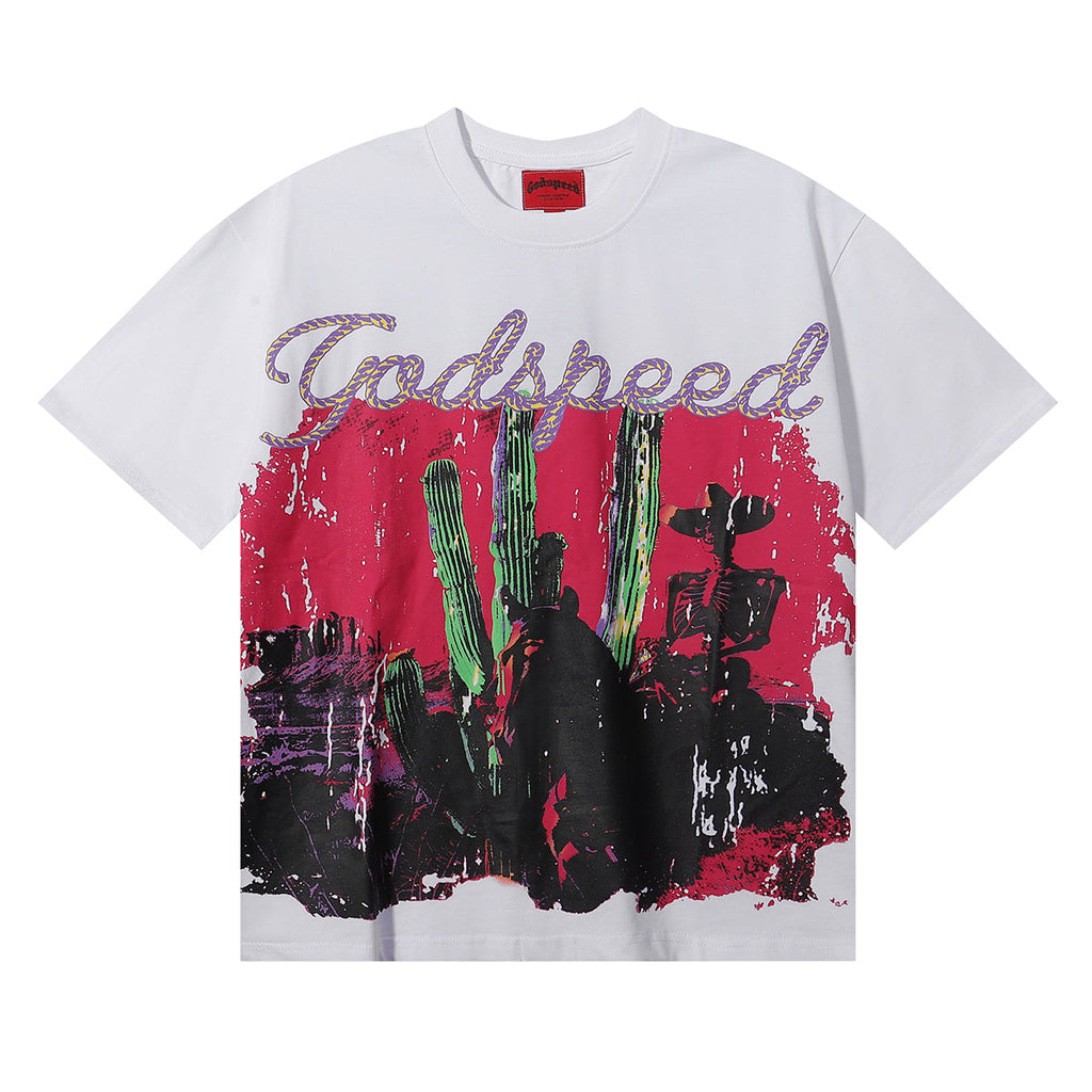 Godspeed T-shirts Western Skull Denim Cactus Print Cotton Casual Short Sleeve Men and Women