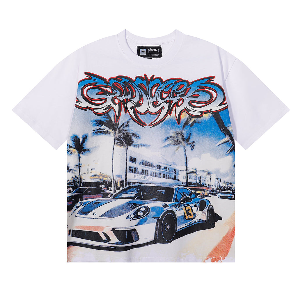 Godspeed T-shirts Supercar Beach Road Print Cotton Casual Short Sleeves Men and Women