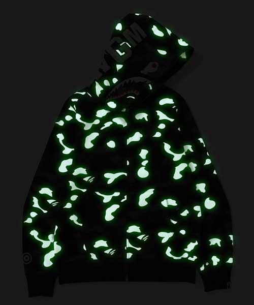 Bathing Ape Black and White Luminous Shark Coat High Quality Looped Fabric Hooded Shark Sweater