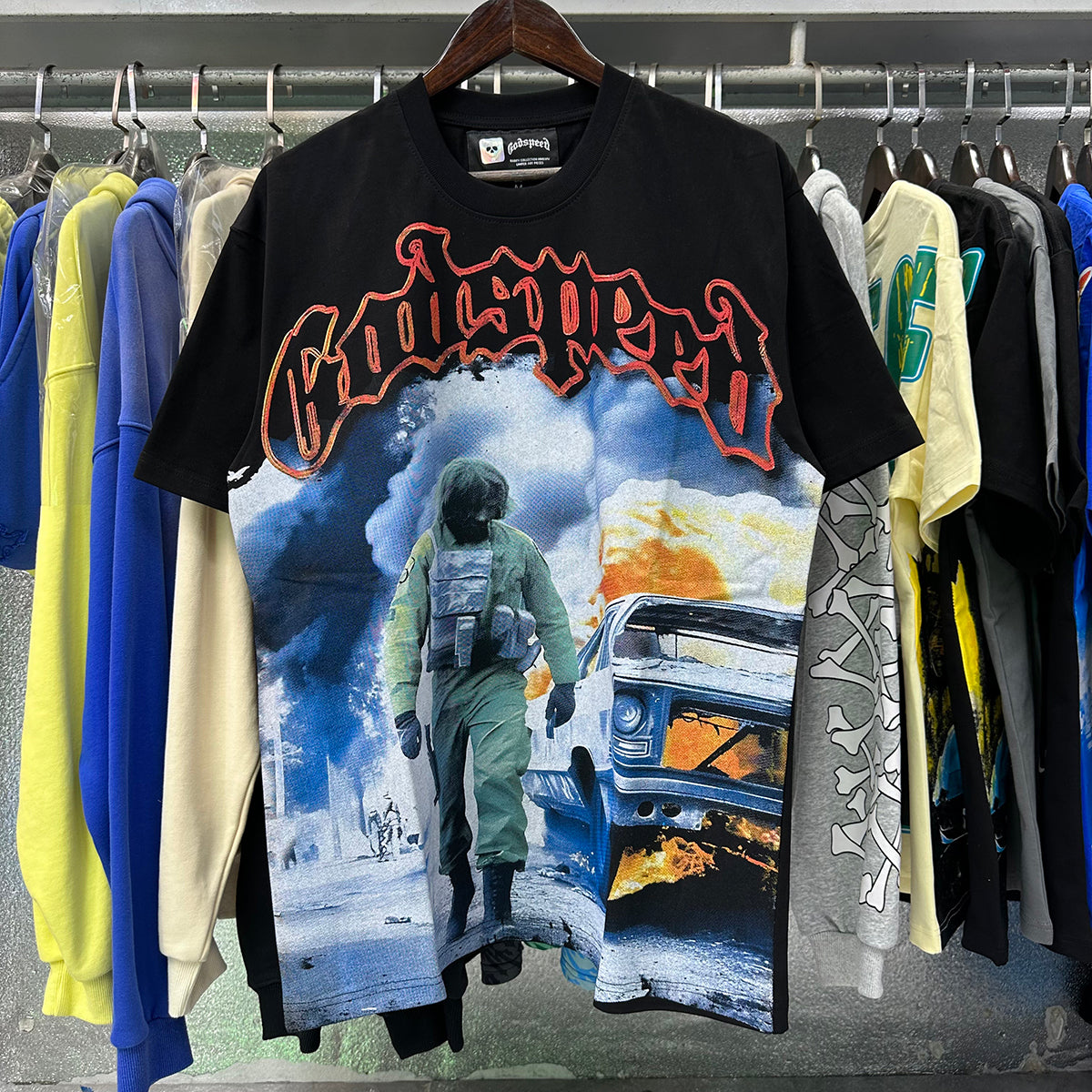 Godspeed T-shirts Fire Car Printing Cotton Casual Short Sleeves Men and Women