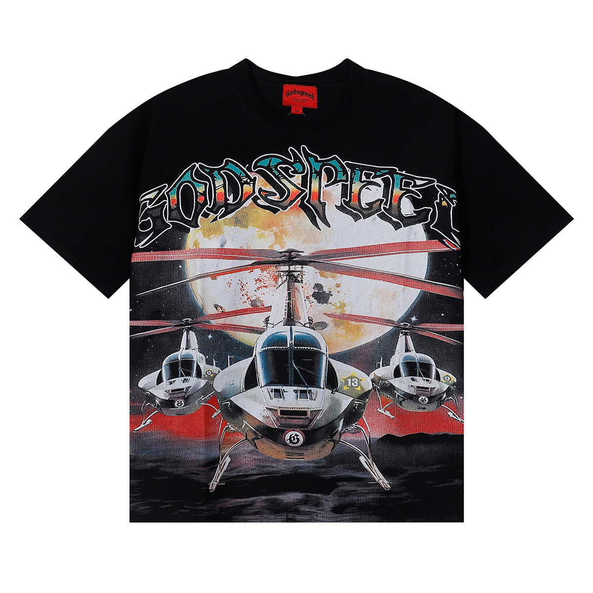Godspeed T-shirts Helicopter Printing Cotton Casual Short Sleeves Men and Women