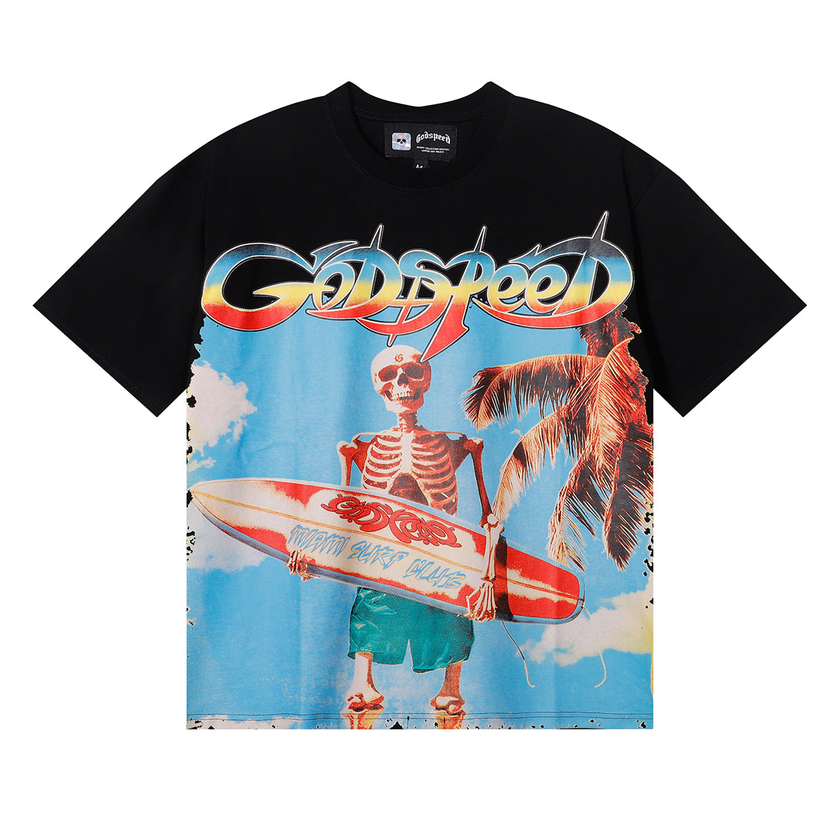 Godspeed T-shirts Beach Skull Surfboard Print Cotton Casual Short Sleeve Men and Women