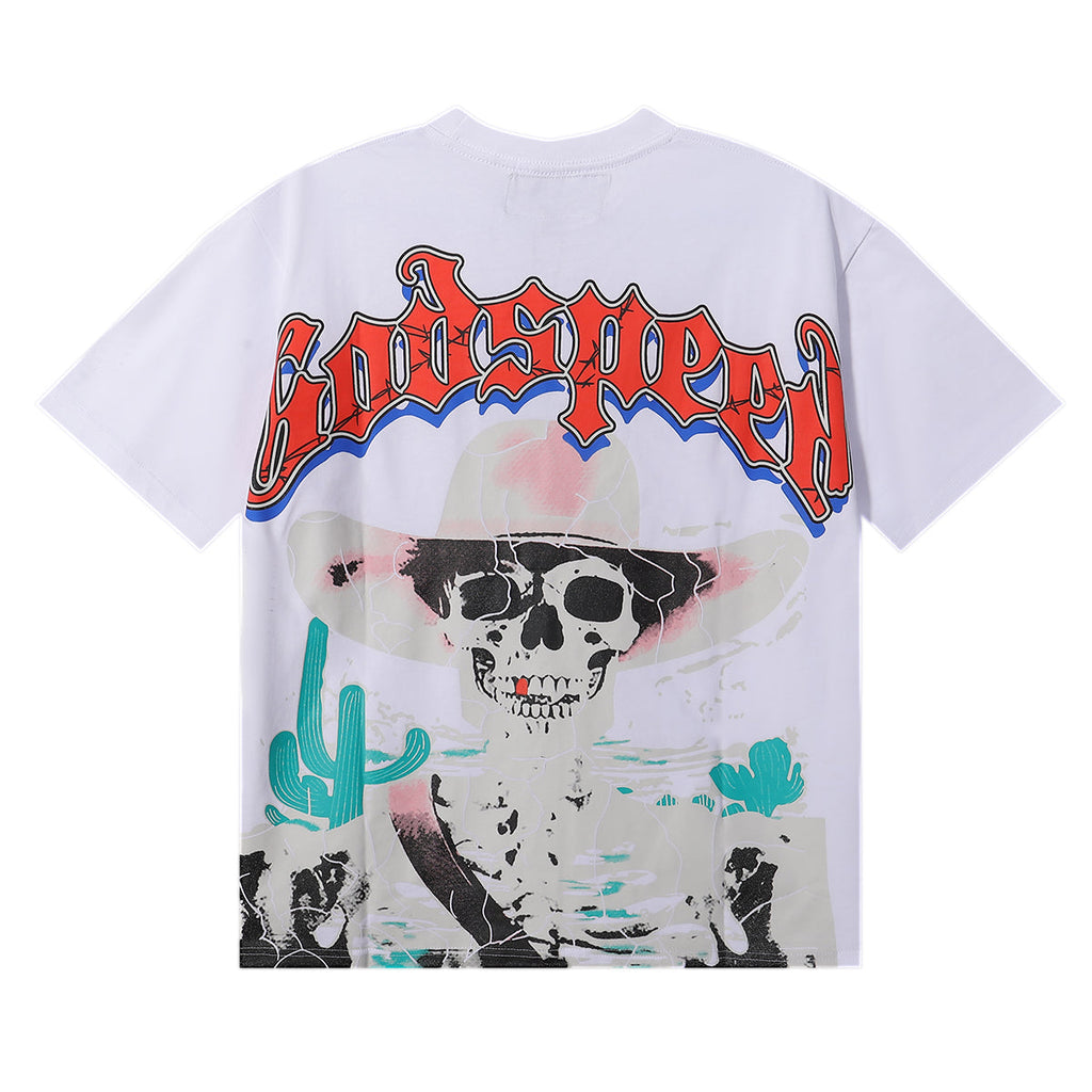 Godspeed T-shirts Great Western Skull Denim Cactus Print Cotton Casual Short Sleeve Men and Women