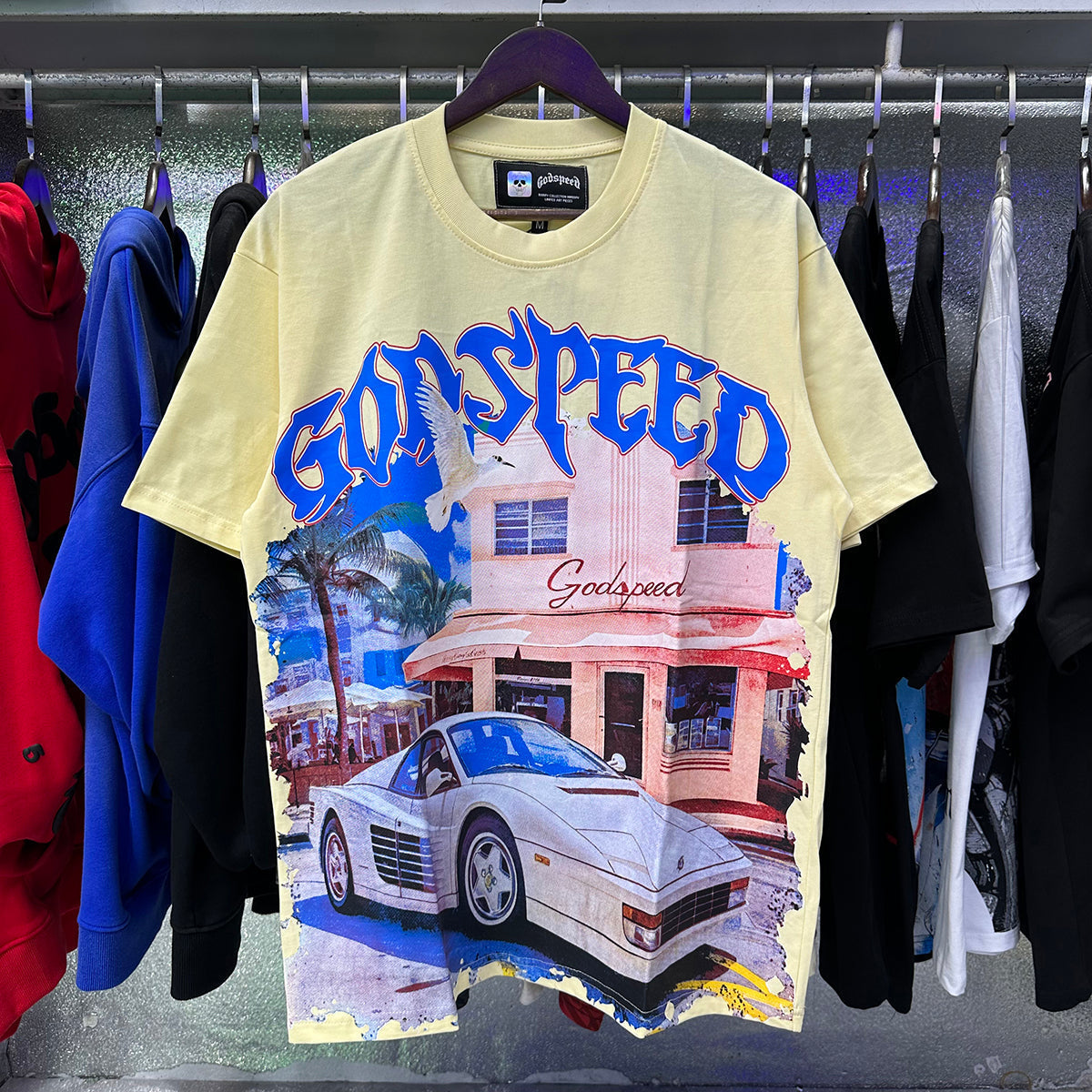 Godspeed T-shirts Convenience Store White Car Printing Cotton Casual Short Sleeve Men's and Women's